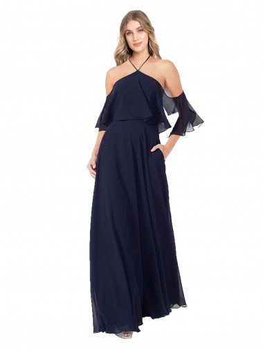 Blu marino scuro Linea A Capestro Alto Collo Chiffona Lunga Abiti da damigella donore Online
