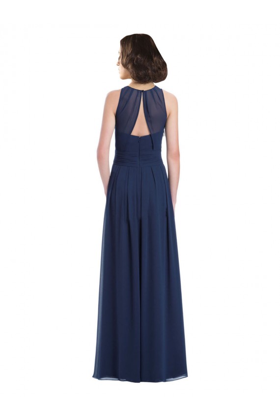Blu marino scuro Linea A Capestro Chiffona Lunga Abiti da damigella donore Online
