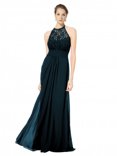 Blu marino scuro Linea A Capestro Illusione Chiffona Pizzo Lunga Abiti da damigella donore Online