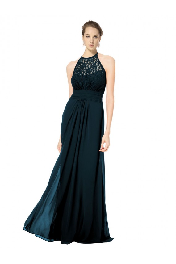 Blu marino scuro Linea A Capestro Illusione Chiffona Pizzo Lunga Abiti da damigella donore Online