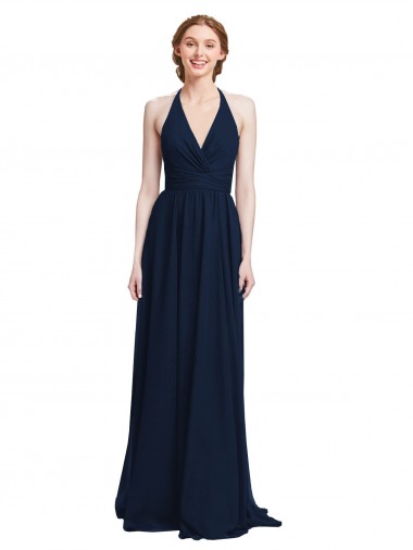 Blu marino scuro Linea A Capestro Scollatura a V Chiffona Lunga Abiti da damigella donore Online