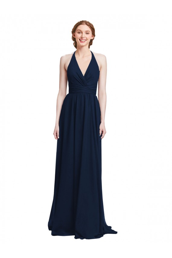 Blu marino scuro Linea A Capestro Scollatura a V Chiffona Lunga Abiti da damigella donore Online