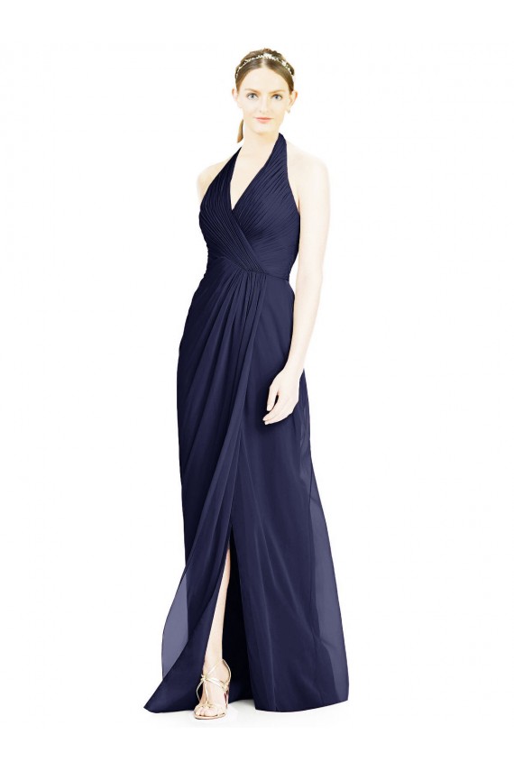 Blu marino scuro Linea A Capestro Scollatura a V Chiffona Lunga Abiti da damigella donore Online