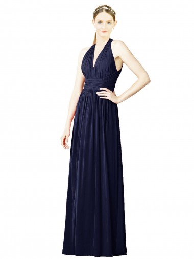 Blu marino scuro Linea A Capestro Scollatura a V Chiffona Lunga Abiti da damigella donore Online