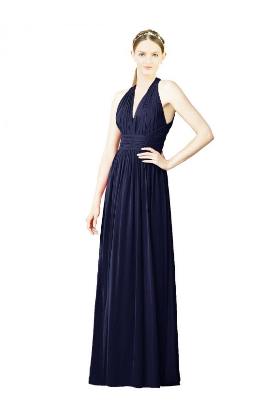 Blu marino scuro Linea A Capestro Scollatura a V Chiffona Lunga Abiti da damigella donore Online