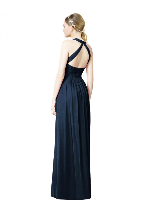 Blu marino scuro Linea A Capestro Scollatura a V Chiffona Lunga Abiti da damigella donore Online