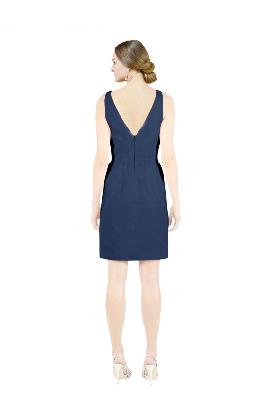 Blu marino scuro Linea A Scollatura a V Al ginocchio Raso Corto Abiti da damigella donore / Abiti da cocktail Online