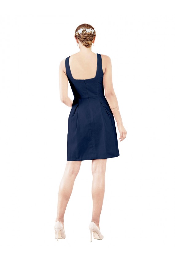 Blu marino scuro Linea A Scollatura a V Al ginocchio Raso Corto Abiti da damigella donore / Abiti da cocktail Online