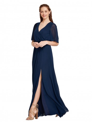 Blu marino scuro Linea A Scollatura a V Chiffona Lunga Abiti da damigella donore Online