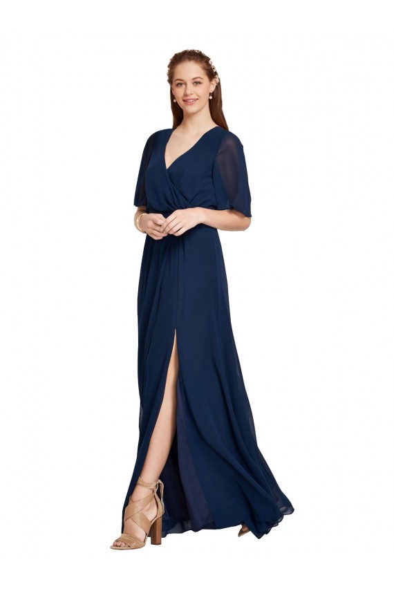 Blu marino scuro Linea A Scollatura a V Chiffona Lunga Abiti da damigella donore Online