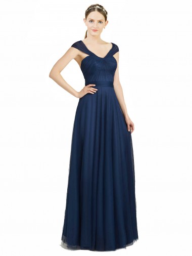 Blu marino scuro Linea A Scollatura a V Innamorato Tulle Lunga Abiti da damigella donore Online