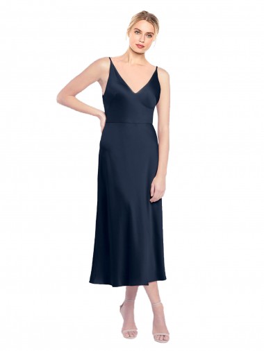 Blu marino scuro Linea A Scollatura a V Midi Raso Elastico Corto Abiti da damigella donore / Abiti da sera / Abiti da cocktail Online