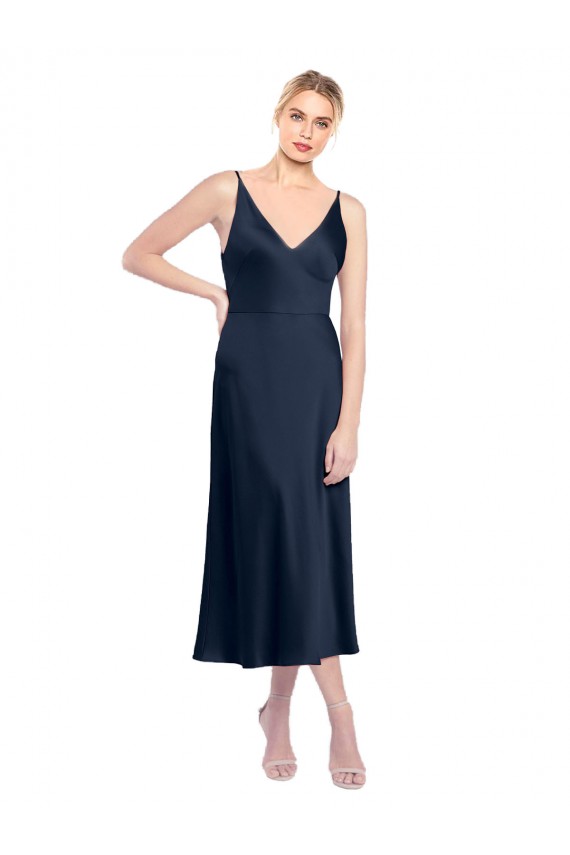 Blu marino scuro Linea A Scollatura a V Midi Raso Elastico Corto Abiti da damigella donore / Abiti da sera / Abiti da cocktail Online