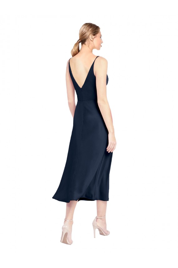 Blu marino scuro Linea A Scollatura a V Midi Raso Elastico Corto Abiti da damigella donore / Abiti da sera / Abiti da cocktail Online