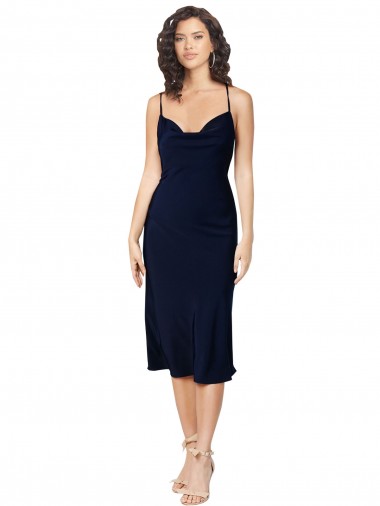 Blu marino scuro Linea A Sottili Cappuccio Midi Raso Setoso Corto Abiti da damigella donore / Abiti da sera / Abiti da cocktail Online
