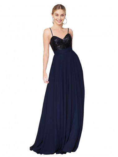 Blu marino scuro Linea A Sottili Chiffona Paillettes Lunga Abiti da damigella donore / Abiti da ballo Online