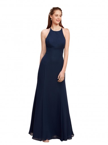 Blu marino scuro Stile sirena Capestro Alto Collo Chiffona Lunga Abiti da damigella donore / Abiti da ballo Online