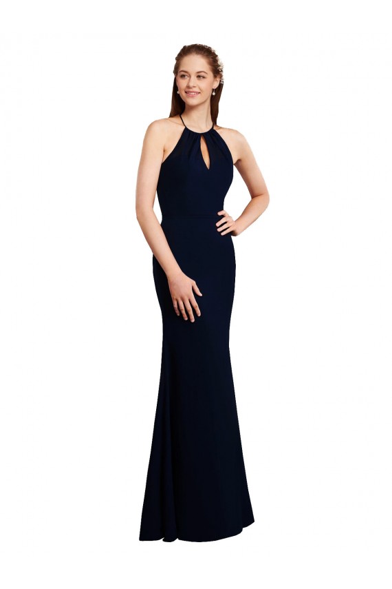 Blu marino scuro Stile sirena Capestro Chiffona Lunga Abiti da damigella donore Online