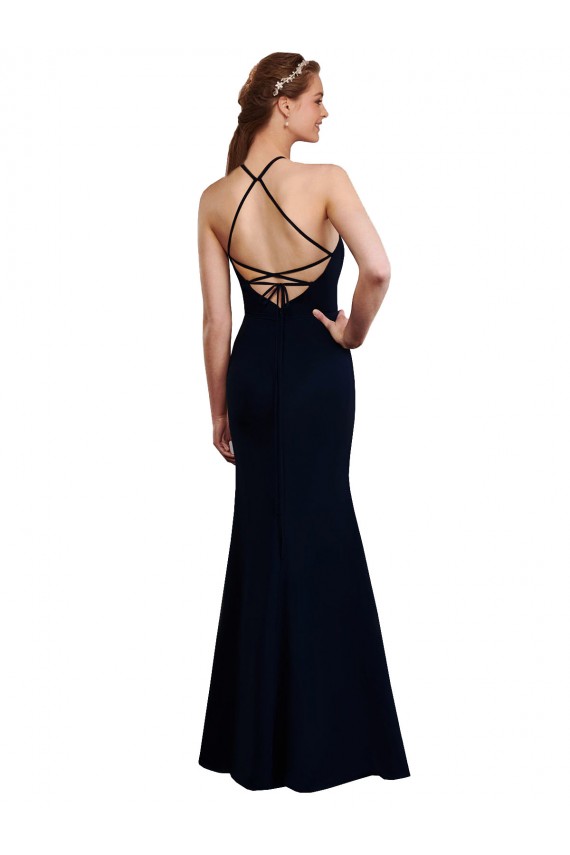 Blu marino scuro Stile sirena Capestro Chiffona Lunga Abiti da damigella donore Online