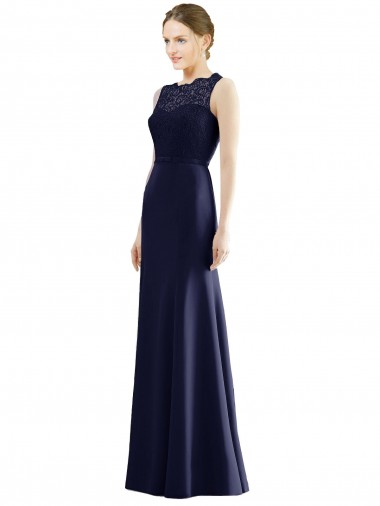 Blu marino scuro Stile sirena Illusione Chiffona Pizzo Lunga Abiti da damigella donore Online
