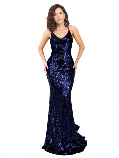Blu marino scuro Stile sirena Scollatura a V Paillettes Lunga Formali Abiti da damigella donore / Abiti da sera / Abiti da ballo Online