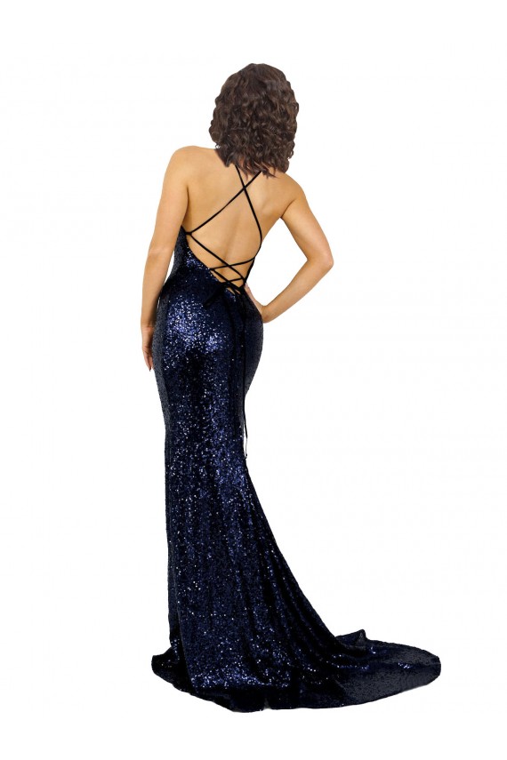 Blu marino scuro Stile sirena Scollatura a V Paillettes Lunga Formali Abiti da damigella donore / Abiti da sera / Abiti da ballo Online