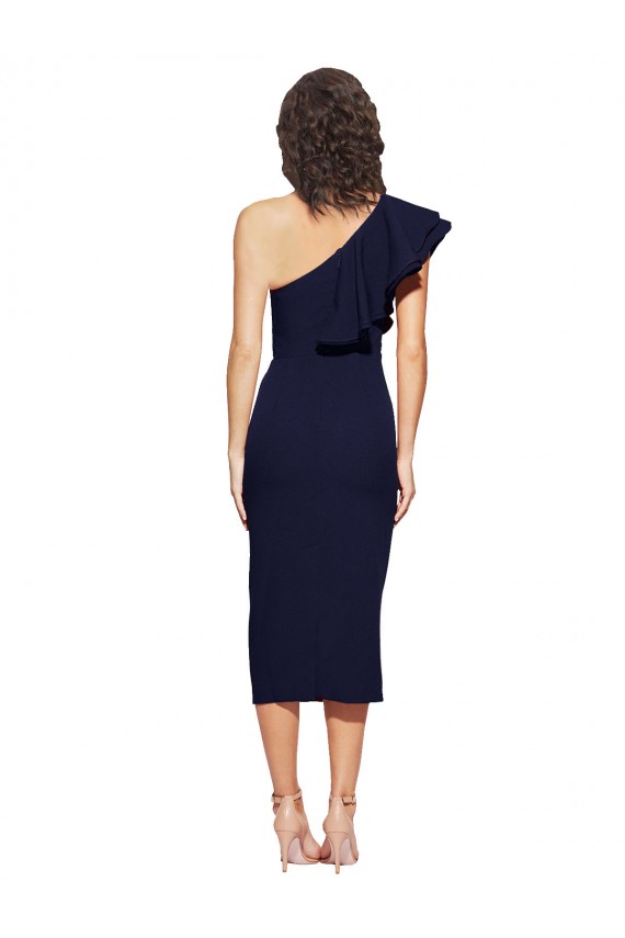 Blu marino scuro Tubino Una spalla Midi Crespo Elastico Corto Abiti da damigella donore / Abiti da sera / Abiti da cocktail Online