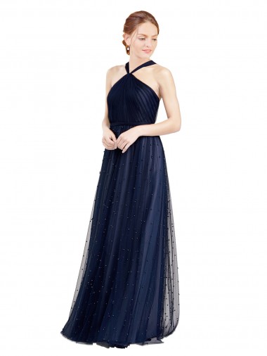 Blu navy 21 Linea A Capestro Tulle Lunga Abiti da damigella donore Online