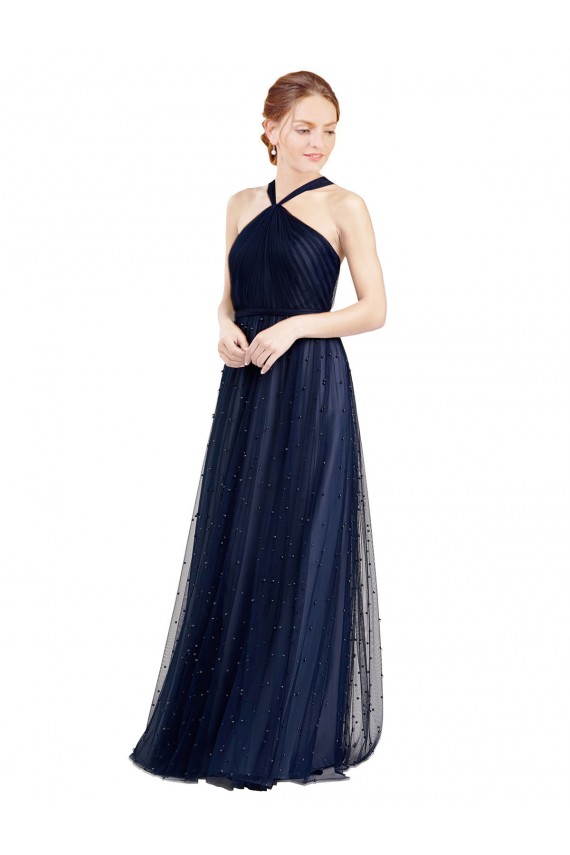 Blu navy 21 Linea A Capestro Tulle Lunga Abiti da damigella donore Online