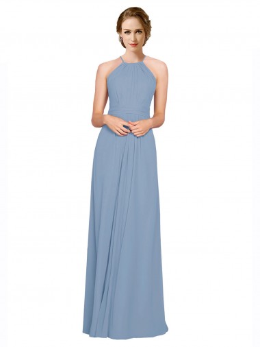Blu polveroso Linea A Capestro Alto Collo Chiffona Lunga Abiti da damigella donore Online