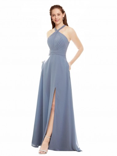 Blu polveroso Linea A Capestro Alto Collo Chiffona Lunga Abiti da damigella donore Online