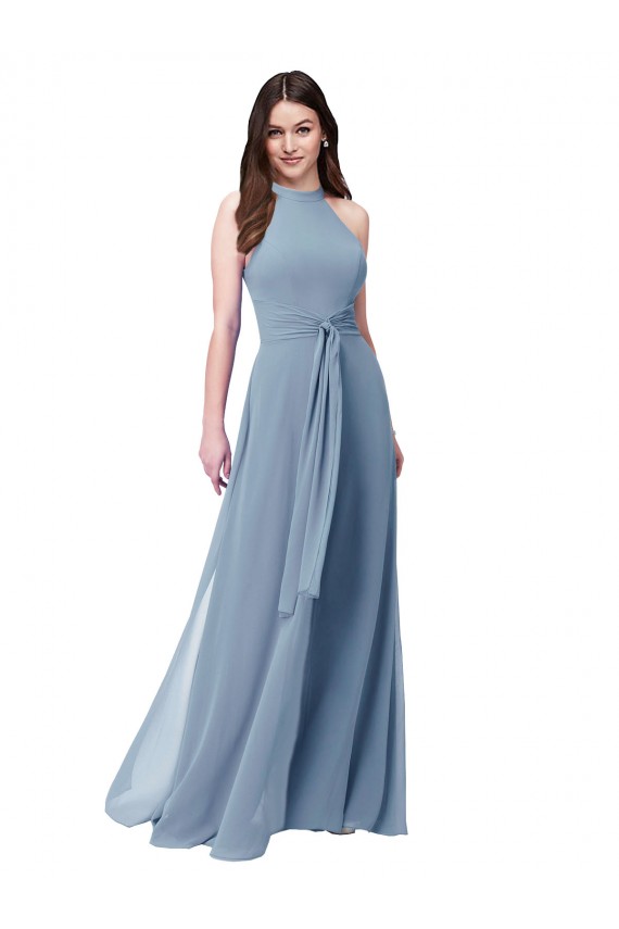 Blu polveroso Linea A Capestro Alto Collo Chiffona Lunga Abiti da damigella donore Online