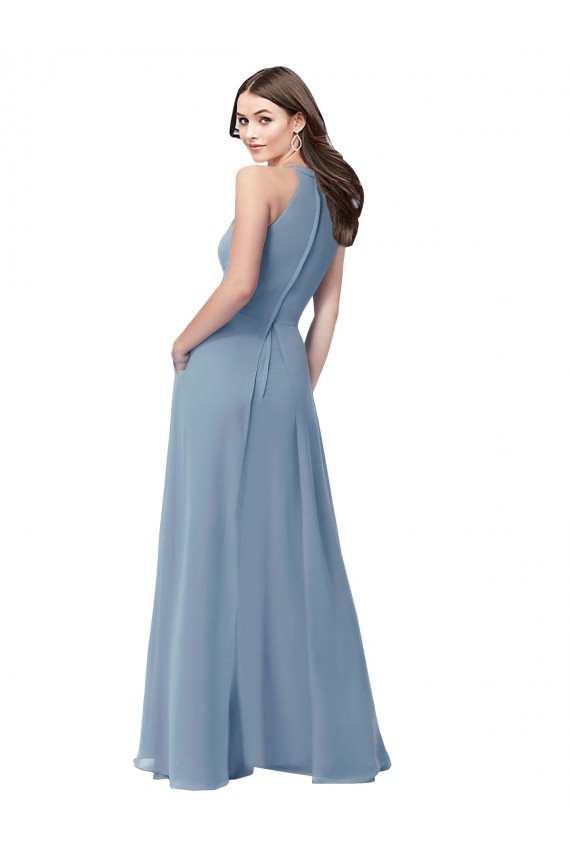 Blu polveroso Linea A Capestro Alto Collo Chiffona Lunga Abiti da damigella donore Online