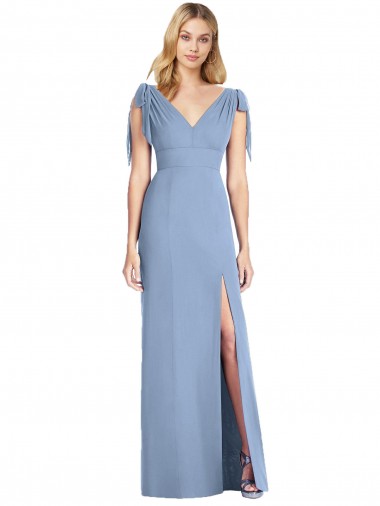 Blu polveroso Stile sirena Scollatura a V Chiffona Lunga Abiti da damigella donore Online