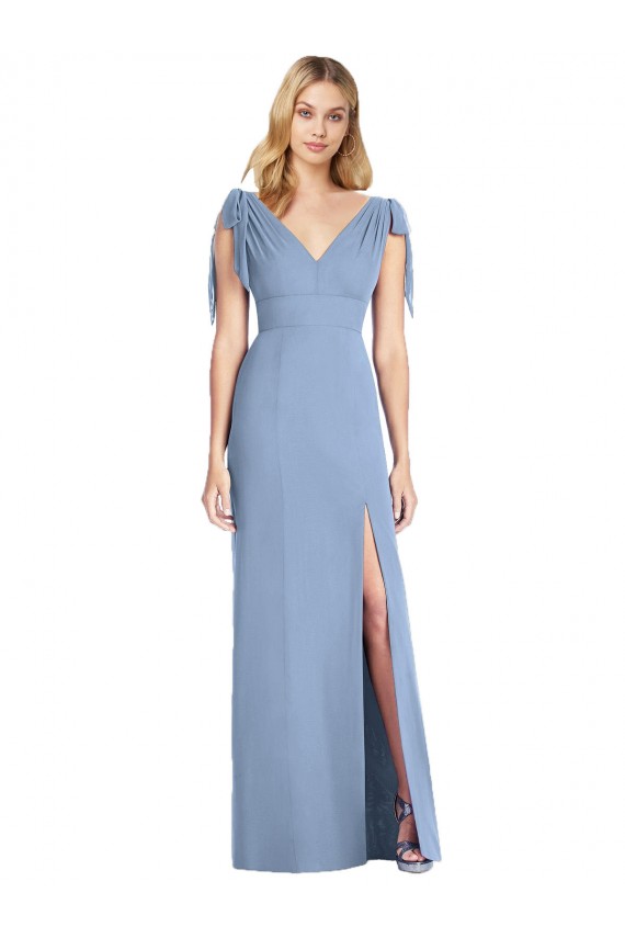 Blu polveroso Stile sirena Scollatura a V Chiffona Lunga Abiti da damigella donore Online
