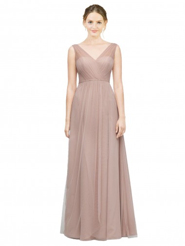 Blush Linea A Scollatura a V Tulle Lunga Abiti da damigella donore Online