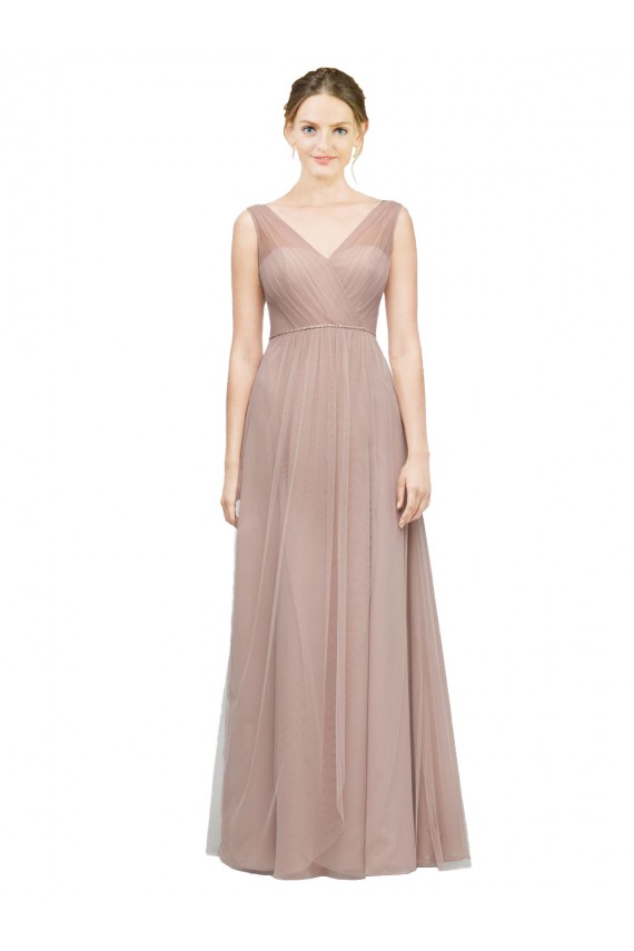 Blush Linea A Scollatura a V Tulle Lunga Abiti da damigella donore Online