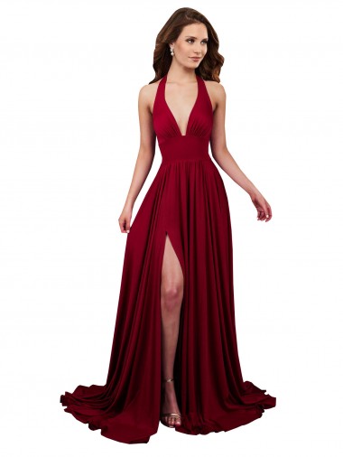 Borgogna Linea A Capestro Scollatura a V Spandex Lunga Formali Abiti da damigella donore / Abiti da sera / Abiti da ballo Online