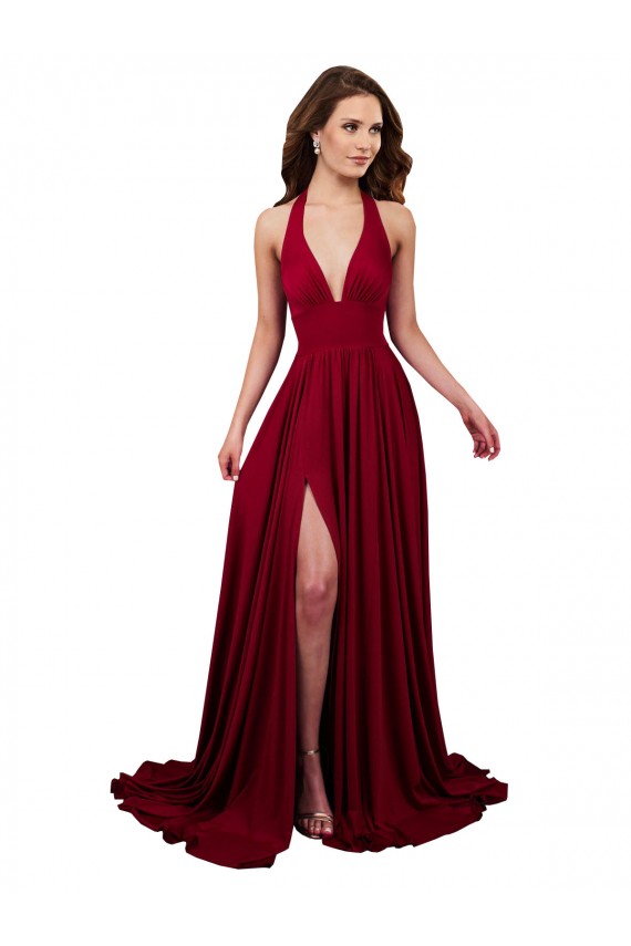 Borgogna Linea A Capestro Scollatura a V Spandex Lunga Formali Abiti da damigella donore / Abiti da sera / Abiti da ballo Online