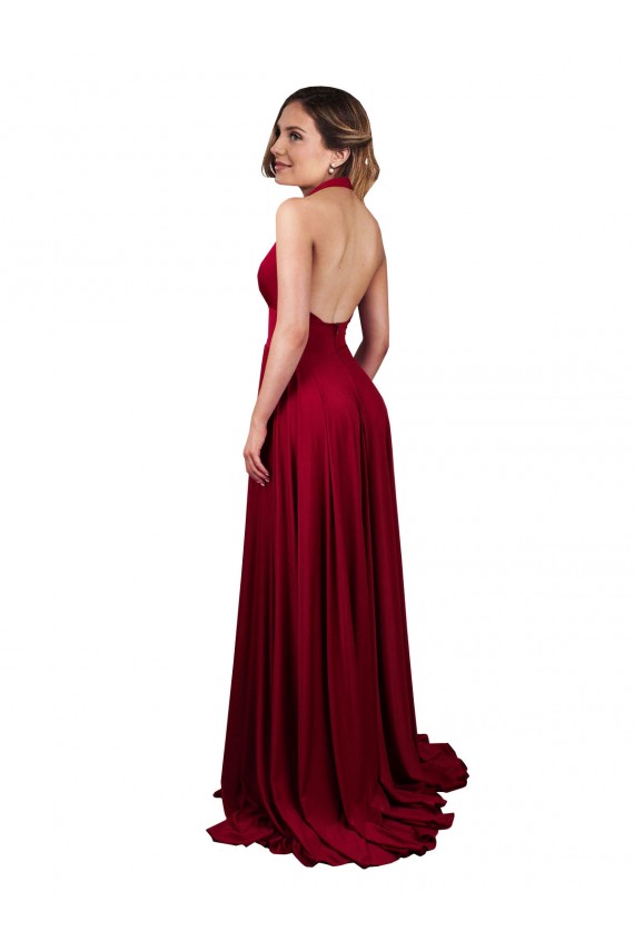 Borgogna Linea A Capestro Scollatura a V Spandex Lunga Formali Abiti da damigella donore / Abiti da sera / Abiti da ballo Online