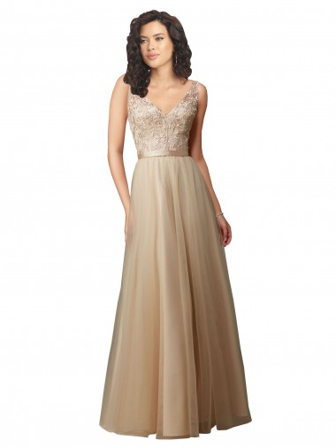 Champagne Linea A Scollatura a V Tulle Pizzo Lunga Abiti da damigella donore Online