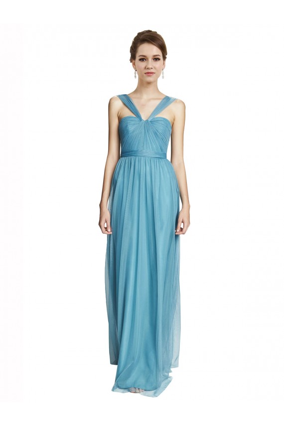 Cielo blu Linea A Sottili Capestro Scollatura a V Tulle Lunga Abiti da damigella donore Online