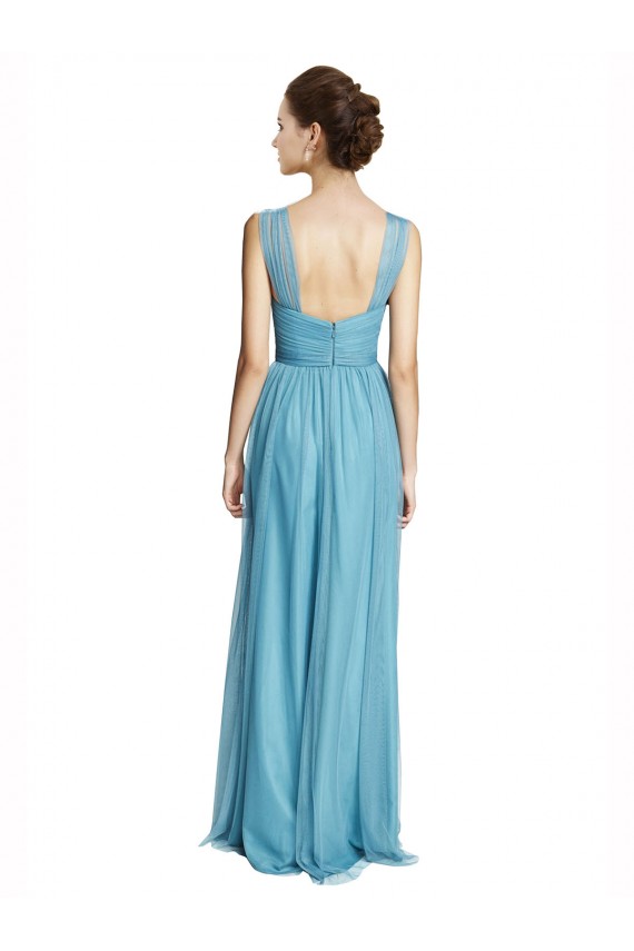 Cielo blu Linea A Sottili Capestro Scollatura a V Tulle Lunga Abiti da damigella donore Online