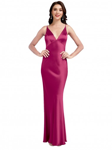 Fucsia Linea A Sottili Scollatura a V Raso Elastico Lunga Formali Abiti da damigella donore / Abiti da sera / Abiti da ballo Online