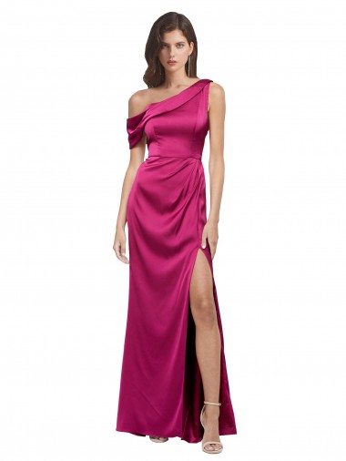 Fucsia Linea A Una spalla Raso Elastico Lunga Formali Abiti da damigella donore / Abiti da sera / Abiti da ballo Online