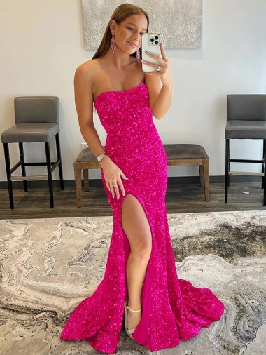 Fucsia Tubino Senza spalline Sweep treno Paillettes Velluto Lunga Abiti da ballo Online