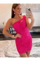 Fucsia Tubino Una spalla Corto Paillettes Velluto Corto Abiti da ballo Online