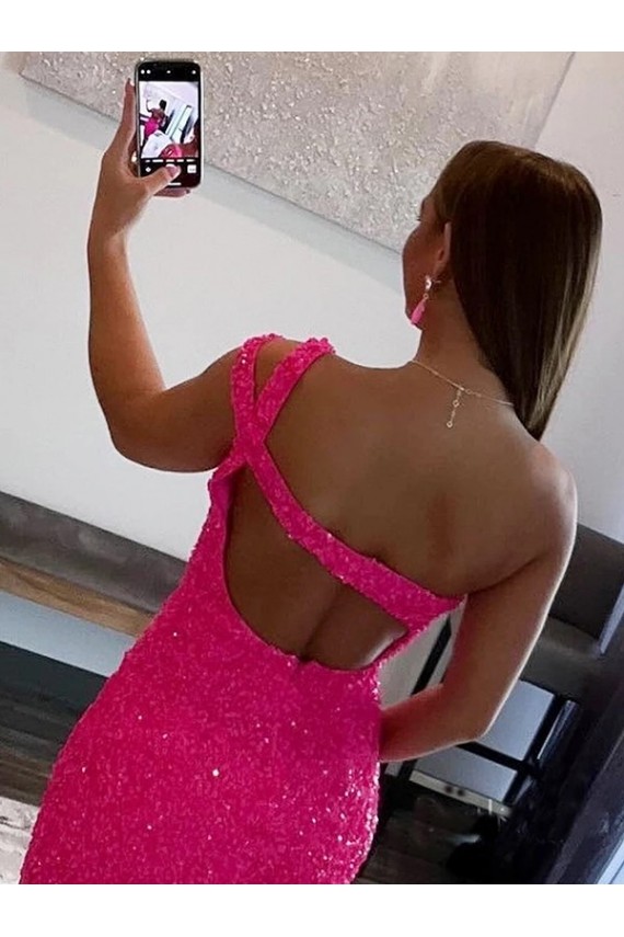 Fucsia Tubino Una spalla Corto Paillettes Velluto Corto Abiti da ballo Online
