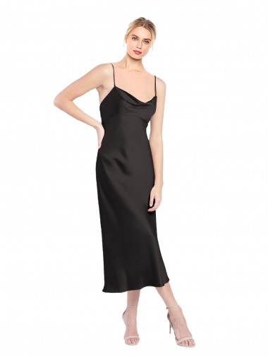 Nero Linea A Sottili Cappuccio Midi Raso Elastico Corto Abiti da damigella donore / Abiti da sera / Abiti da cocktail Online