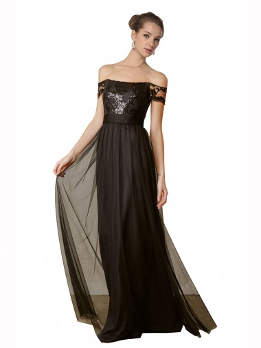 Nero Linea A Tulle Paillettes Lunga Abiti da damigella donore Online